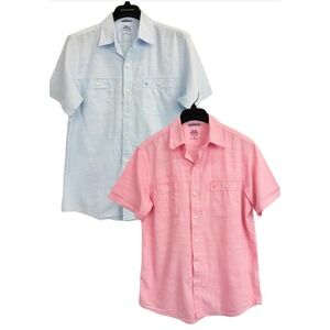 Lot of 2 Izod Saltwater Shirts Button Up Mens M Short Sleeve Pocket Blue Pink
